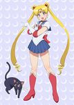  \m/ back_bow bishoujo_senshi_sailor_moon blonde_hair blue_eyes blue_sailor_collar blush boots bow brown_eyes cat choker crescent double_bun earrings elbow_gloves gloves highres jewelry long_hair luna_(sailor_moon) magical_girl nigou red_bow red_choker sailor_collar sailor_moon sailor_senshi_uniform shouting skirt tiara tsuki_ni_kawatte_oshioki_yo tsukino_usagi twintails very_long_hair white_gloves 