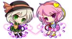  character_name chibi eyeball green_eyes green_hair hairband hat heart highres kayama_benio komeiji_koishi komeiji_satori multiple_girls pink_hair purple_eyes purple_hair ribbon short_hair siblings simple_background sisters skirt smile third_eye touhou white_background 