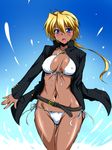  belt bikini blonde_hair blue_eyes blush breasts coat covered_nipples dark_skin dha long_hair loose_belt medium_breasts original solo swimsuit white_bikini 