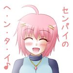  blush breasts closed_eyes large_breasts open_mouth original pink_hair short_hair smile solo yani_tama 