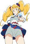  alternate_form bike_shorts blonde_hair blue_skirt cure_honey earrings from_below hair_ornament hairpin happinesscharge_precure! jewelry long_hair magical_girl multicolored multicolored_clothes multicolored_skirt oomori_yuuko popcorn_cheer precure shorts shorts_under_skirt skirt smile solo twintails umanosuke upskirt white_background wrist_cuffs yellow_eyes 