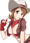  breasts brown_eyes brown_hair cleavage cowboy_hat eyelashes fingerless_gloves fringe_trim gloves happinesscharge_precure! happy hat jabara_tornado large_breasts looking_at_viewer midriff oomori_yuuko precure red_gloves short_hair simple_background smile solo vest western white_background 