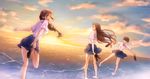  :d blue_skirt blush brown_eyes brown_hair cloud conone dutch_angle happy highres loafers long_hair looking_at_viewer looking_back multiple_girls ocean open_mouth original school_uniform shirt shoes short_hair short_sleeves skirt sky smile standing sun sunset wading water white_shirt 