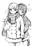  3: blush braid coat double-breasted gloves greyscale kantai_collection kitakami_(kantai_collection) kusano_houki loafers monochrome multiple_girls ooi_(kantai_collection) plaid plaid_scarf scarf shoes sketch skirt winter_clothes yuri 