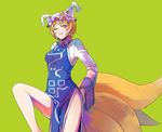  bare_legs blonde_hair dress fox_tail frills green_background grimay hands_on_ass hat leg_up long_sleeves multiple_tails orange_hair short_hair side_slit simple_background smile solo standing standing_on_one_leg tail thighs tight_dress touhou turtleneck wide_sleeves yakumo_ran 