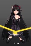  akemi_homura angry bdsm black_hair bondage bound bound_wrists cum cum_on_clothes cumdrip facial frown grey_background hair_ribbon k1_(erin22) long_hair looking_at_viewer magical_girl mahou_shoujo_madoka_magica off_shoulder open_clothes pantyhose purple_eyes restrained ribbon skirt solo torn_clothes torn_legwear 