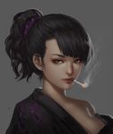  bare_shoulders black_hair breasts cigarette cleavage face high_ponytail medium_breasts mole mole_under_eye original smoking solo youyi_(ww5413203) 