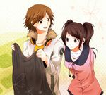  1girl arms_behind_back brown_eyes brown_hair chago coat earrings flower_(symbol) fur_trim hanamura_yousuke headphones headphones_around_neck holding_clothes jacket jewelry kujikawa_rise long_hair necklace open_mouth persona persona_4 pink_eyes polka_dot polka_dot_background shopping smile twintails 