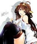 :d asakura_ryousuke bare_shoulders black_legwear blouse brown_hair crossed_legs detached_sleeves double_bun hair_ornament hairband headgear japanese_clothes kantai_collection kongou_(kantai_collection) long_hair nontraditional_miko open_mouth shadow sitting skirt smile solo thighhighs 