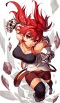  black_legwear breasts crop_top gauntlets gloves large_breasts looking_at_viewer original pout red_eyes red_hair shorts solo sukocchi thighhighs twintails 