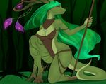  brown_skin cleavage clothed clothing female forest green_hair green_skin hair horn lizard purple_eyes reptile scalie skimpy smile solo tree vexstacy 