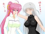  absurdres ahoge blue_eyes breasts closed_eyes grey_hair hair_ribbon hand_on_another's_head highres impossible_clothes impossible_sweater kirishima_goro_(55541) large_breasts long_hair lyrical_nanoha mahou_shoujo_lyrical_nanoha mahou_shoujo_lyrical_nanoha_a's multiple_girls pink_hair ponytail reinforce ribbed_sweater ribbon signum single_hair_intake smile sweatdrop sweater translated very_long_hair 