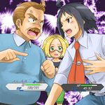  2boys ahoge anger_vein angry bel's_father bel_(pokemon) black_hair blonde_hair brown_hair cheren_(pokemon) commentary_request dicembre04 facial_hair father_and_daughter glasses green_eyes multiple_boys mustache necktie pokemon pokemon_(game) pokemon_bw pokemon_bw2 