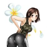  1girl androgynous artist_request ass bare_shoulders breasts brown_eyes brown_hair camouflage capcom flower from_behind justice_gakuen kazama_akira looking_at_viewer looking_back reverse_trap shiritsu_justice_gakuen short_hair smile tomboy 