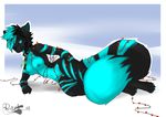  anthro areola black_sclera blue_eyes breasts claws collar feline female fur hair hanging_breasts kisha lying mammal multi-colored_hair navel nipples nude rach_verity rachverity solo teal_eyes 