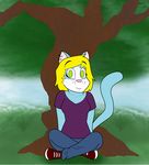  cat crossed_legs cute debby_katt feline female green_eyes hair invalid_tag looking_at_viewer mammal mcfly0crash smile tree 