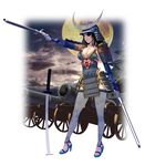  armor black_hair breasts cannon castle cleavage cloud cloudy_sky collarbone date_masamune eyepatch feet full_body full_moon gauntlets grey_legwear gun handgun headwear_removed helmet helmet_removed high_heels highres japanese_armor katana kusazuri large_breasts masao moon musket no_socks open_toe_shoes original planted_sword planted_weapon samurai sandals shoes shoulder_armor sky sode solo sword thighhighs toes weapon zettai_ryouiki 