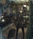  alternate_costume belt brown_hair clock ground_vehicle hat lamp locomotive luggage michi_l_(streetlamp) necktie removing_hat short_hair skirt steam_locomotive steampunk touhou train train_station usami_renko victorian yellow_eyes 