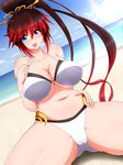  bare_shoulders beach bikini black_hair blue_eyes breasts cameltoe cleavage day high_ponytail large_breasts nanbu_kaguya navel open_mouth ponpo project_x_zone sitting smile solo spread_legs super_robot_wars super_robot_wars_og_saga_mugen_no_frontier swimsuit thighs white_bikini 