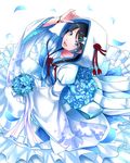  black_hair blue_eyes blue_flower blue_rose bouquet dress flower hair_flower hair_ornament hairclip hood japanese_clothes kimono long_hair open_mouth original rose solo tenyo0819 uchikake wedding_dress wide_sleeves 