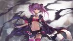 aisha_(elsword) artist_name bad_id bad_pixiv_id bandeau breasts cleavage cowboy_shot cross elsword garter_straps hair_ribbon midriff navel pink_legwear purple_eyes purple_hair ribbon skirt sleeves_past_wrists small_breasts solo strapless swd3e2 thighhighs translation_request twintails void_princess_(elsword) 