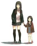  black_hair black_legwear brown_eyes dicorndl dress full_body green_eyes highres holding_hands jacket long_hair multiple_girls original shoes skirt sneakers thighhighs twintails 