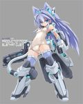  alternate_color animal_ears bare_shoulders blue_eyes blue_hair blue_legwear breasts cannon cat_ears cat_tail covered_navel densou_tenshi_valforce gauntlets gloves greaves grey_background gun headgear high_heels karukan_(monjya) kemonomimi_mode lavender_hair long_hair mecha_musume mechanical_arms mechanical_tail misawa_elena neon_trim one-piece_swimsuit school_swimsuit simple_background small_breasts solo standing swimsuit tail thighhighs thrusters very_long_hair weapon white_school_swimsuit white_swimsuit 