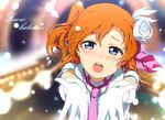  blue_eyes blush brown_hair flower gloves hair_flower hair_ornament kousaka_honoka love_live! love_live!_school_idol_project necktie ogipote one_side_up open_mouth outstretched_arms snow_halation snowing solo song_name upper_body white_gloves 