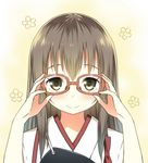  akagi_(kantai_collection) bespectacled blush flower_(symbol) glasses gradient gradient_background hand_on_eyewear kantai_collection long_hair muneate simple_background sky_(freedom) smile solo yellow_eyes 