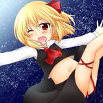  ascot blonde_hair blush bow chiya fang hair_bow md5_mismatch milky_way navel one_eye_closed outstretched_arms red_eyes rumia solo star_(sky) thigh_strap thighs touhou 