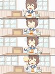  4koma :o bangs brown_hair chair comic cup dress flying_sweatdrops food hair_ornament kantai_collection open_mouth pasta sailor_dress school_uniform short_hair solo spaghetti teacup tyotyotyori window yukikaze_(kantai_collection) 