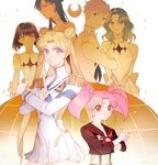  bishoujo_senshi_sailor_moon blonde_hair chibi_usa cosplay double_bun earrings epaulettes gamagoori_ira gamagoori_ira_(cosplay) highres jewelry junketsu kaiou_michiru kill_la_kill kiryuuin_satsuki kiryuuin_satsuki_(cosplay) matoi_ryuuko matoi_ryuuko_(cosplay) meiou_setsuna multiple_girls pink_hair senketsu shamko short_hair ten'ou_haruka tomoe_hotaru tsukino_usagi twintails uniform very_short_hair 