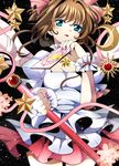  absurdres bad_id bad_pixiv_id baton blue_eyes breasts brown_hair card cardcaptor_sakura choker cleavage crescent crescent_hair_ornament dress fumiko_(miruyuana) hair_ornament highres kinomoto_sakura large_breasts looking_at_viewer magical_girl multicolored multicolored_clothes multicolored_dress nail_polish older open_mouth petals pink_choker pink_dress pink_nails puffy_short_sleeves puffy_sleeves ribbon short_sleeves smile solo star star_choker wand white_dress wings wrist_cuffs 