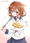  blush brown_hair food giving hair_ornament hairclip ikazuchi_(kantai_collection) kantai_collection looking_at_viewer omelet school_uniform serafuku short_hair skirt solo spatula standing tamagoyaki tousaki_shiina twitter_username 