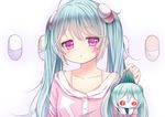  aimaina amashiro_natsuki aqua_hair bad_id bad_pixiv_id blush buttons chibi collarbone directional_arrow doll facial_mark green_eyes hair_ornament hatsune_miku long_hair looking_at_viewer looking_down multiple_girls pajamas pill purple_eyes red_eyes ringed_eyes slow_motion_(vocaloid) twintails vocaloid 