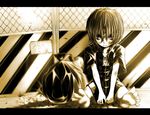  bad_id bad_pixiv_id barefoot chain-link_fence fence lonely looking_at_viewer miyako_yoshika monochrome no_hat no_headwear ofuda ribbon shika_miso short_hair sitting skirt solo torn_clothes touhou trash_bag younger 