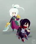  1girl black_hair inkinesss league_of_legends riven_(league_of_legends) scarf short_hair sword talon_(league_of_legends) weapon white_hair 