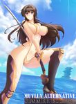  1girl bikini brown_hair character_request haganef muvluv navel sling_bikini swimsuit sword takamura_yui weapon 