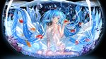  aqua_eyes barefoot blue_hair bubble dress fish fishbowl floating_hair hatsune_miku highres in_container long_hair open_mouth sitting solo submerged swordsouls very_long_hair vocaloid wariza water 