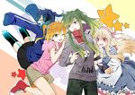  4girls :d ;d absurdres blonde_hair blue_hair brown_eyes dress earphones earphones_removed ene_(kagerou_project) girl_sandwich green_hair headphones highres hood hoodie kagerou_project kido_tsubomi kisaragi_momo kozakura_marry long_hair multiple_girls one_eye_closed open_mouth ponytail purple_eyes sandwiched side_ponytail smile star twintails 