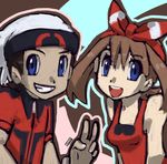  1boy 1girl blue_eyes breasts brown_hair dark_skin happy haruka_(pokemon) hat nintendo open_mouth pokemon pokemon_(game) pokemon_oras smile teeth tongue yuuki_(pokemon) 