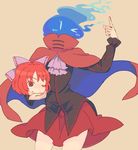  bow cape check_commentary commentary_request disembodied_head hair_bow headless holding_head jean_(jean_sp) long_sleeves one_eye_closed red_eyes red_hair sekibanki shirt skirt smile solo touhou 