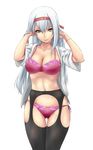  black_legwear bra breasts cleavage garter_straps hairband ishii_hisao japanese_clothes kantai_collection lingerie long_hair medium_breasts open_clothes panties shoukaku_(kantai_collection) silver_hair solo thighhighs underwear 