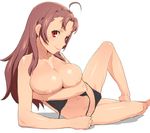  ahoge areolae barefoot bikini black_bikini blush braid breast_hold breasts brown_eyes brown_hair covering covering_breasts large_breasts long_hair looking_at_viewer navel sasori_koromo simple_background smile solo swimsuit tenchisouha untied untied_bikini white_background wizard_barristers:_benmashi_cecil 