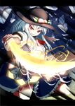  blue_hair bow food fruit hat highres hinanawi_tenshi holding igakusei long_hair open_mouth peach red_eyes smile solo sword sword_of_hisou touhou weapon 