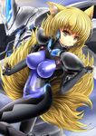  absurdres alternate_costume animal_ears blonde_hair bodysuit breasts brown_eyes closed_mouth covered_nipples crossover eyebrows eyebrows_visible_through_hair fox_ears fox_tail highres large_breasts long_hair looking_at_viewer machinery mecha muvluv outstretched_arms pilot_suit sangyou_haikibutsu_a skin_tight smile solo tail takemikazuchi_(muvluv) tooth touhou very_long_hair yakumo_ran 