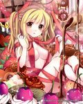  blonde_hair breasts brown_eyes cherry chocolate chocolate_bar cleavage company_name cookie doughnut food french_cruller fruit heart long_hair medium_breasts naked_ribbon ribbon shinkai_no_valkyrie solo strawberry tin_(wsp85205) twintails wafer_stick 