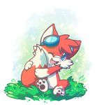  3_toes blue_background blue_eyes canine chibi crayon-chewer eyewear fox fringe fur goggles grass happy hugging_tail kiro mammal open_mouth plain_background plants red_fur sitting_down smile sparkles white_background white_fur 
