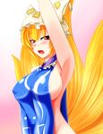  arm_up armpits blonde_hair blush breasts covered_nipples fox_tail hat highres large_breasts looking_at_viewer multiple_tails naked_tabard open_mouth parmiria pillow_hat red_eyes sideboob solo sweat tabard tail tassel touhou yakumo_ran 