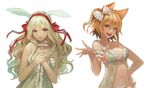  animal_ears babydoll blonde_hair bow breasts brown_eyes bunny_ears cleavage ddongu fox_ears hair_bow hair_ribbon kagerou_project kisaragi_momo kozakura_marry lingerie long_hair medium_breasts multiple_girls navel panties purple_eyes ribbon side_ponytail underwear white_panties 